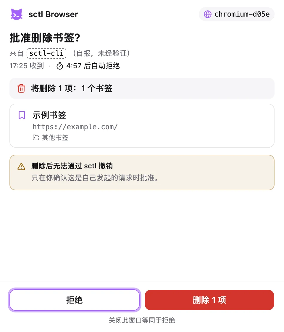 删除书签的审批窗口：拒绝或删除