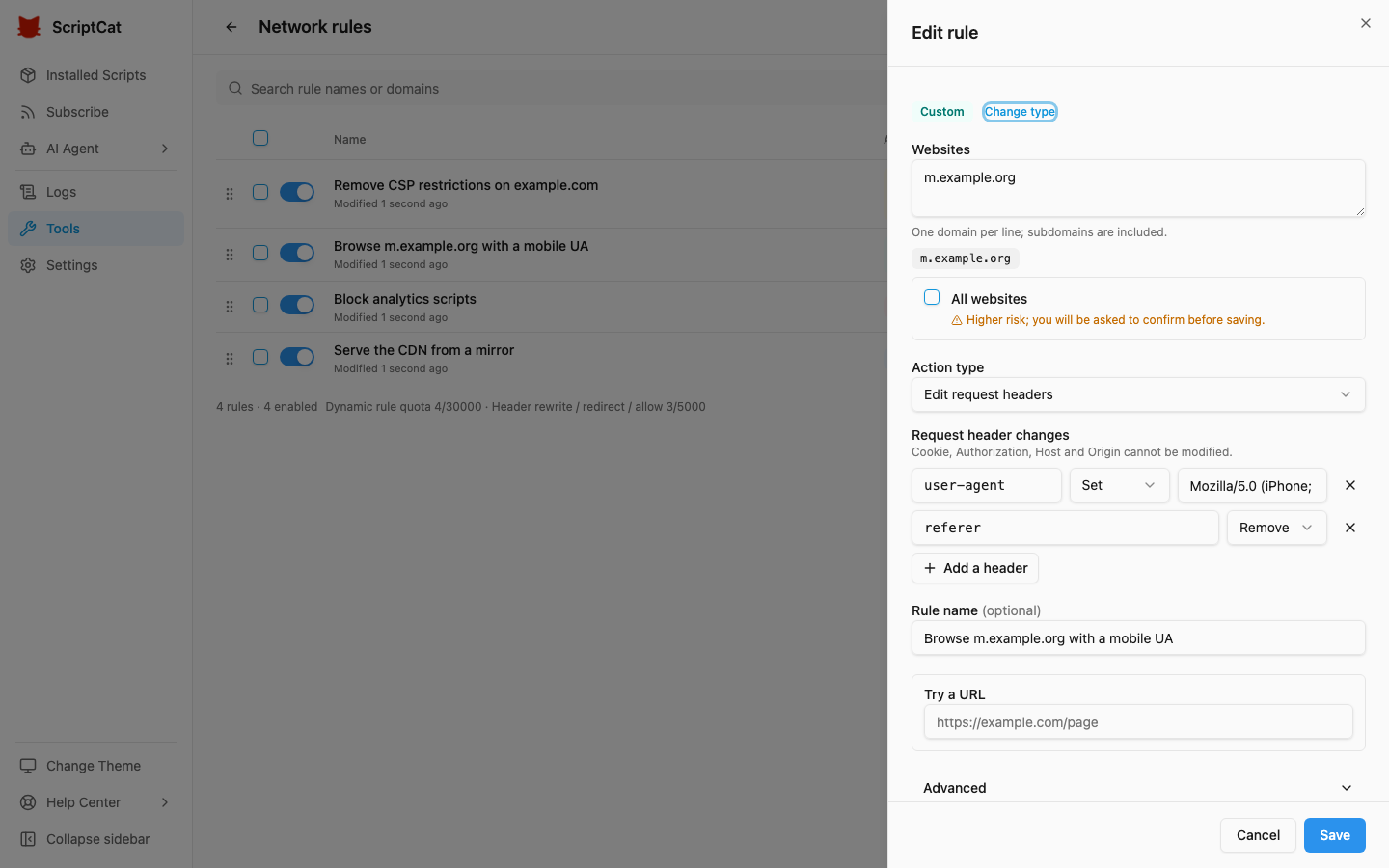 Editing a network rule