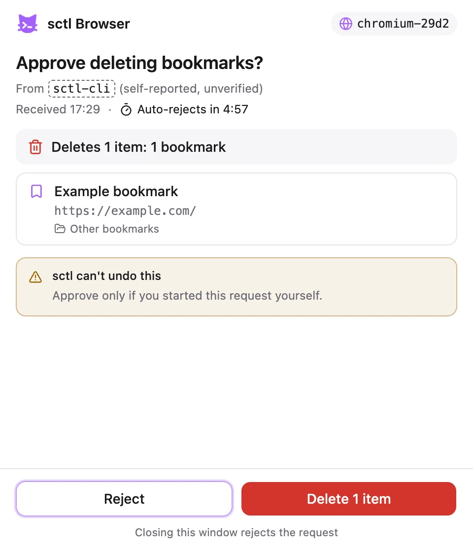 Approval window for deleting a bookmark: Reject or Delete