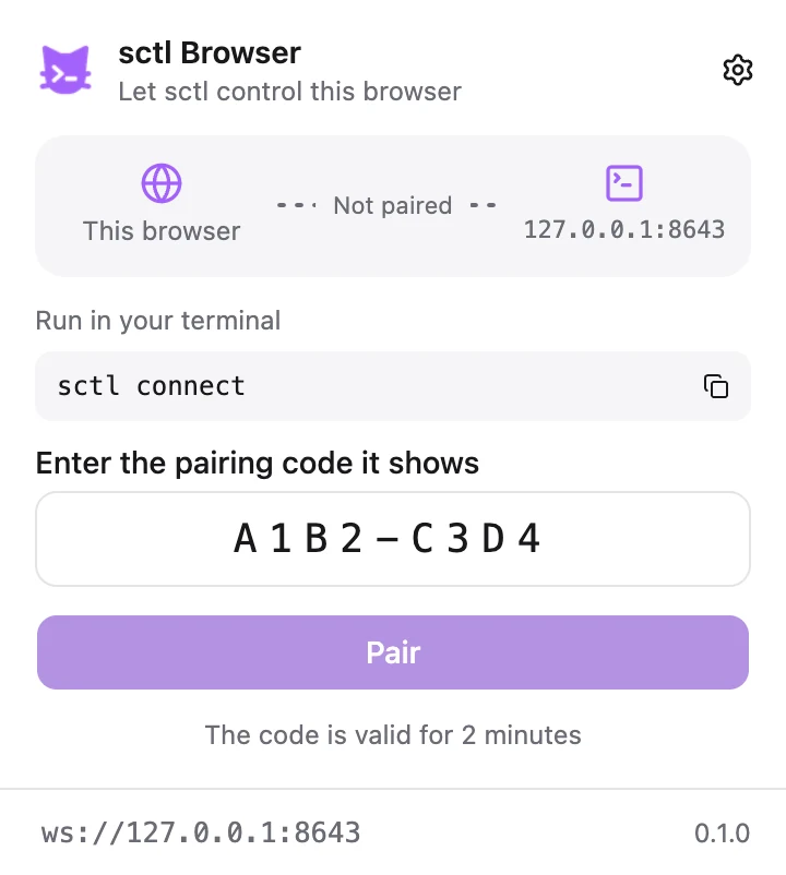 sctl Browser popup: entering the pairing code