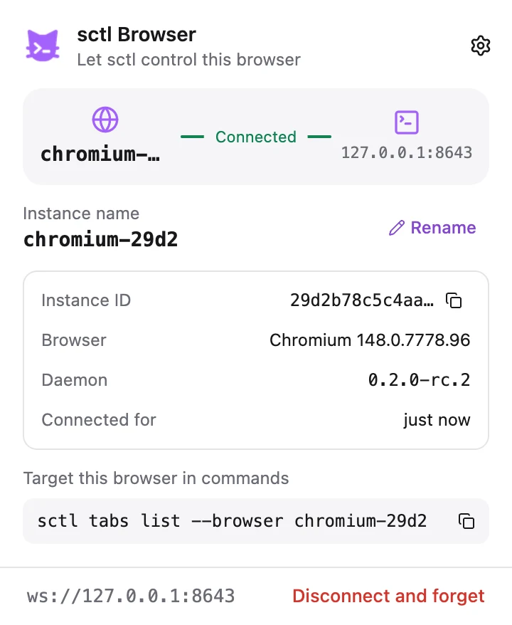 sctl Browser popup: connected, with instance details